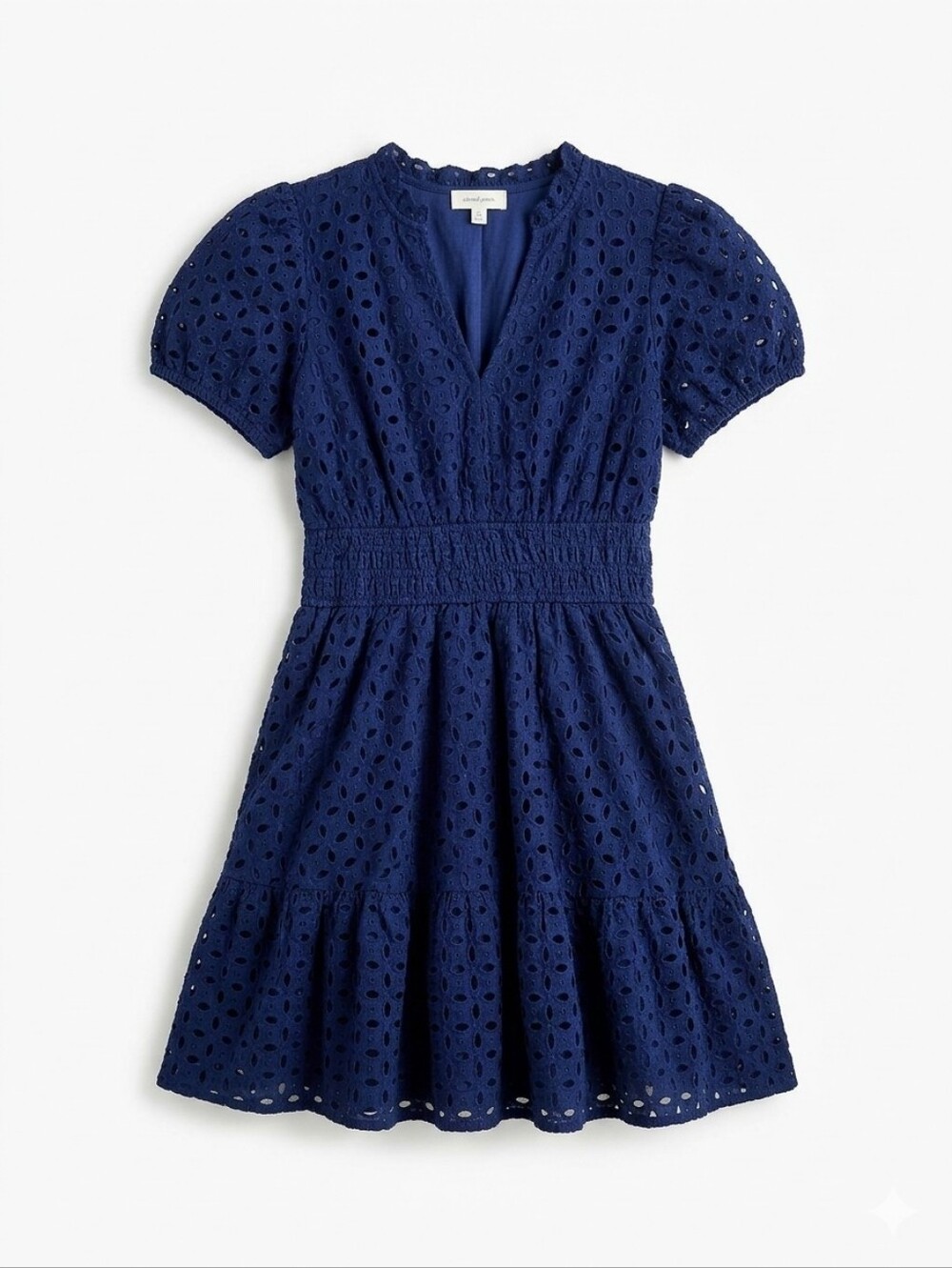 Navy Eyelet V-Neck Short Sleeve Dress